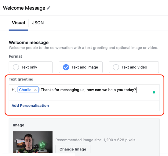 Как настроить таргетинг на горячих лидов с помощью рекламы в Facebook Messenger, шаг 12, пример персонализации пользовательского шаблона назначения для мессенджера