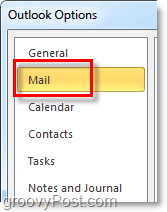 щелкните вкладку параметров почты в Outlook 2010