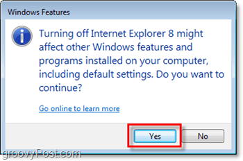 подтвердите, что вы действительно хотите удалить Internet Explorer 8, выключите его!