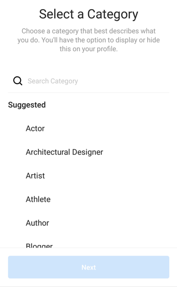 Выбор категории профиля создателя Instagram, шаг 1.