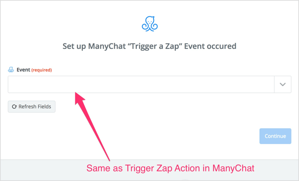 Выберите действие Trigger Zap, которое вы создали в потоке ManyChat.