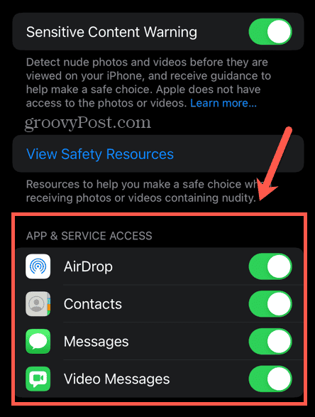 Параметры предупреждения о конфиденциальном контенте iOS