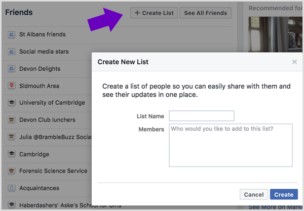 Введите имя для своего списка друзей Facebook и выберите друзей для добавления.