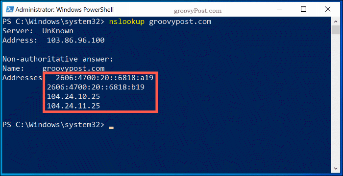 Команда NSlookup в Windows 10 PowerShell Window, отображающая информацию о поиске сервера имен для Groovypost.com