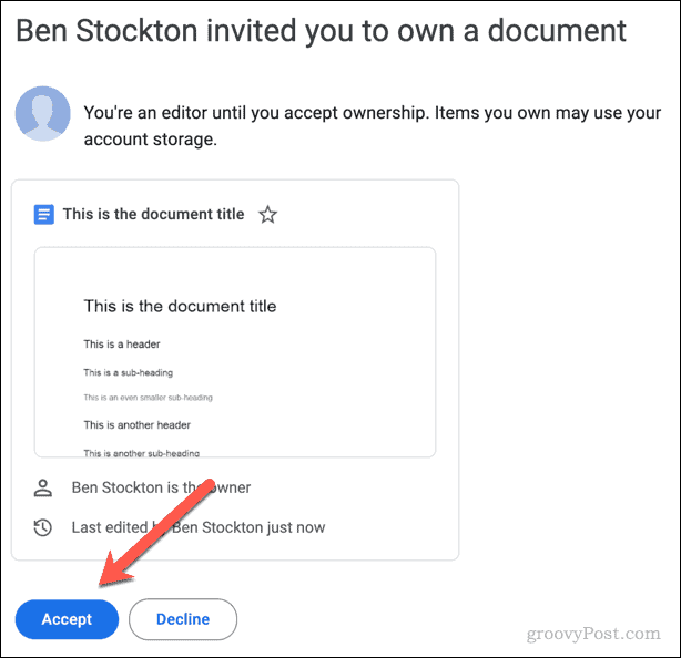 Приглашение по электронной почте принять или отклонить право собственности на файл Документов Google