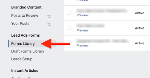 Опция библиотеки форм в Facebook Publishing Tools