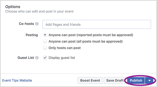 Когда вы закончите создавать свое мероприятие в Facebook, нажмите «Опубликовать».