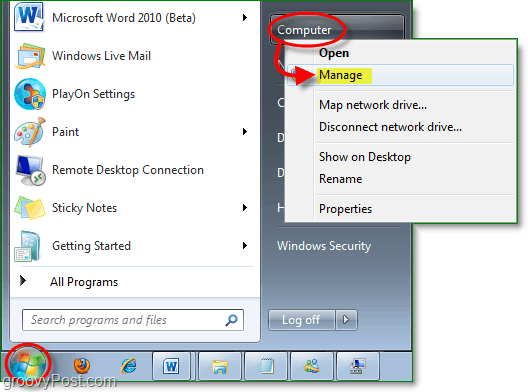 получить доступ к диспетчеру устройств из меню запуска Windows 7