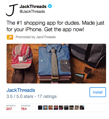 твит с карточкой установки приложения jack thread
