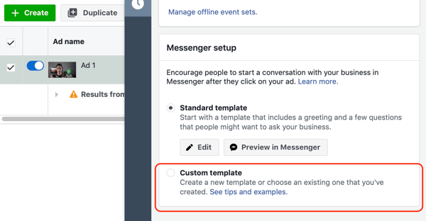 Как настроить таргетинг на горячих лидов с помощью рекламы в Facebook Messenger, шаг 10, вариант настраиваемого шаблона назначения для обмена сообщениями