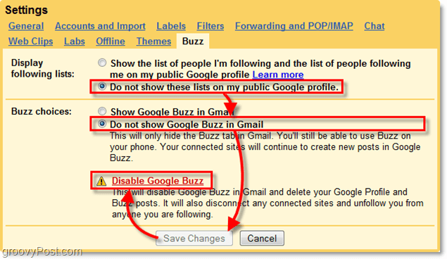 в настройках Gmail нажмите вкладку Google Buzz