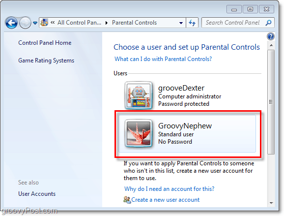 выберите пользователя для настройки свойств родительского контроля в Windows 7