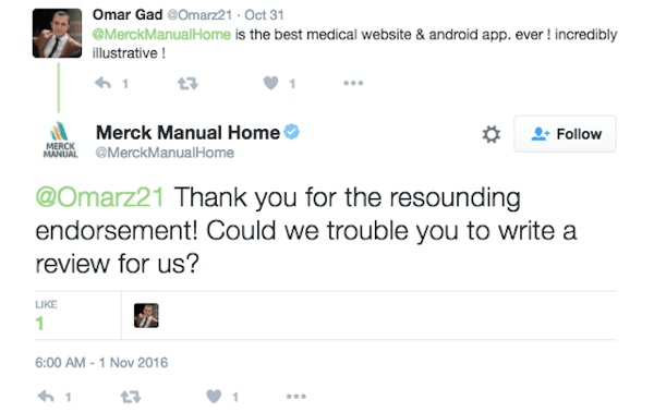 Merck Manual Home призывает клиентов оставить отзыв о своем приложении.