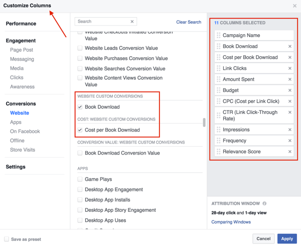 Выберите столбцы, которые вы хотите добавить в таблицу результатов рекламы Facebook.