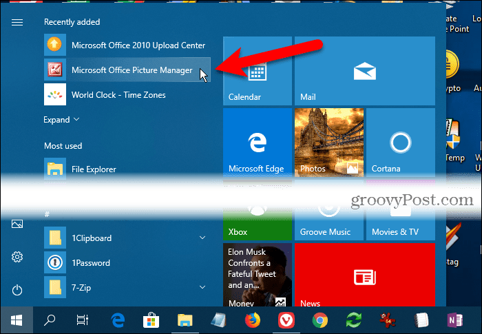 Диспетчер изображений Microsoft Office в разделе «Недавно добавлено» в меню «Пуск» Windows 10