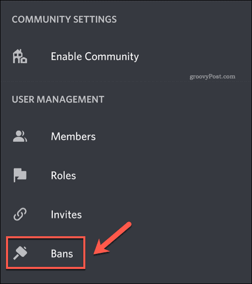 Пункт меню Bans в меню настроек приложения Discord