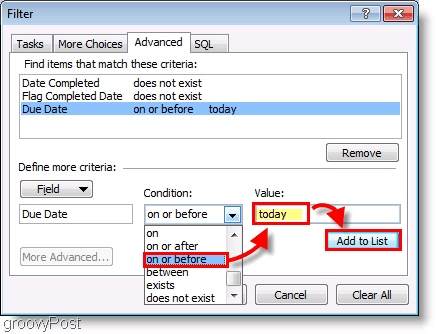 Снимок экрана: Фильтр настройки списка дел Outlook 2007 сегодня