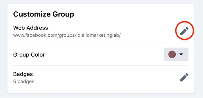 выделена опция настройки группы facebook для редактирования веб-адреса