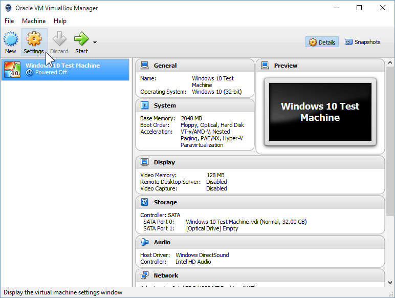 09 Открытие настроек VirtualBox (установка Windows 10)