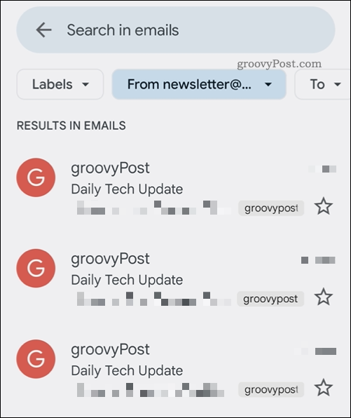 Результаты поиска приложения Gmail