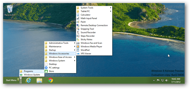 Windows 8 покачивает новое меню «Пуск» через панель инструментов панели задач