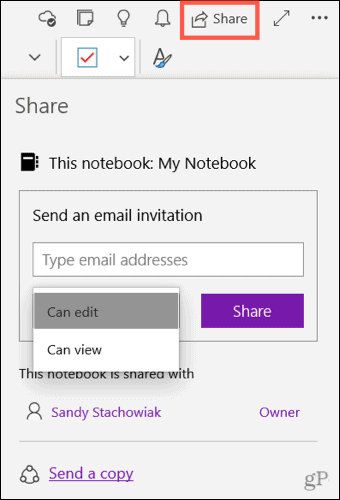 Совместное использование записной книжки в OneNote для Windows 10