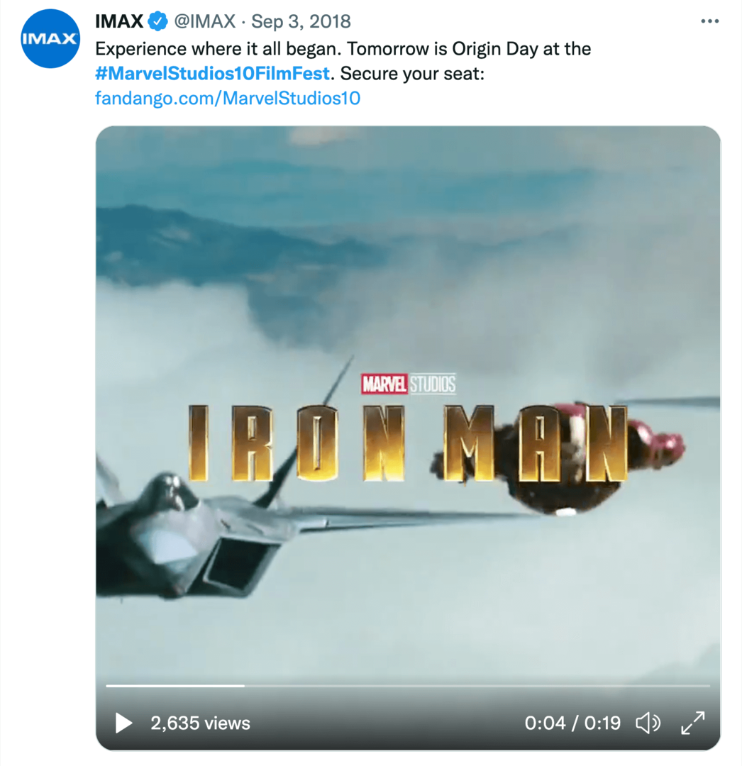 изображение твита IMAX о 10-летнем кинофестивале Marvel Studios