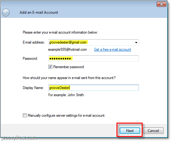 введите учетные данные для учетной записи электронной почты в Windows Live Mail