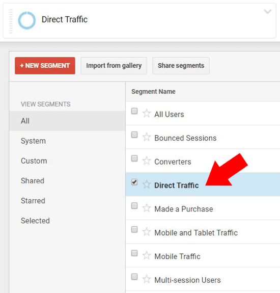В разделе «Обзор» в Google Analytics выберите «Прямой трафик» и убедитесь, что не выбраны другие названия сегментов.