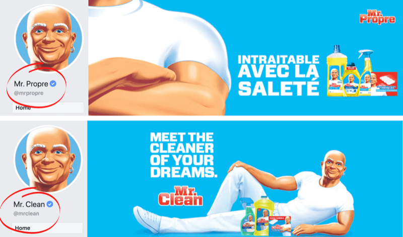Страница Facebook и изображение обложки, показывающие языковые различия для бренда Mr. Clean на рынках Франции / Бельгии и США.