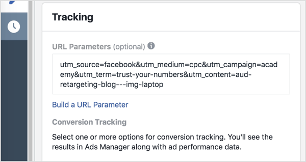 В Ads Manager добавьте параметры отслеживания (все после вопросительного знака) в поле «Параметры URL».