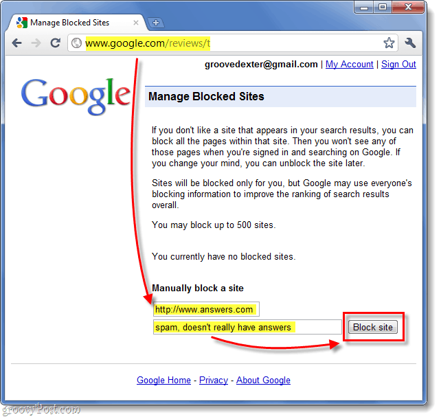 вручную заблокировать сайт из результатов поиска Google 