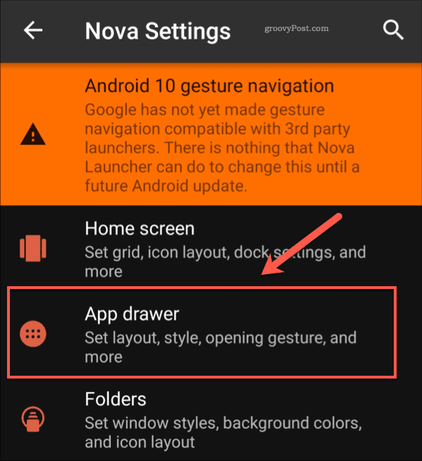 Пункт меню ящика приложения Nova Settings