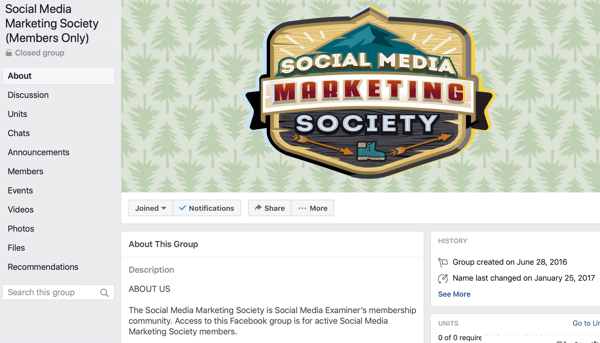 Как использовать функции групп Facebook, пример страницы группы Facebook для Общества маркетинга в социальных сетях