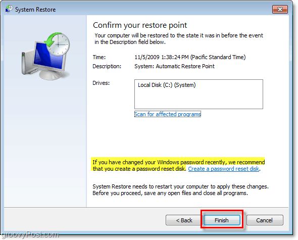 Как подтвердить, что вы восстанавливаете Windows 7 с точкой восстановления и создать диск сброса пароля