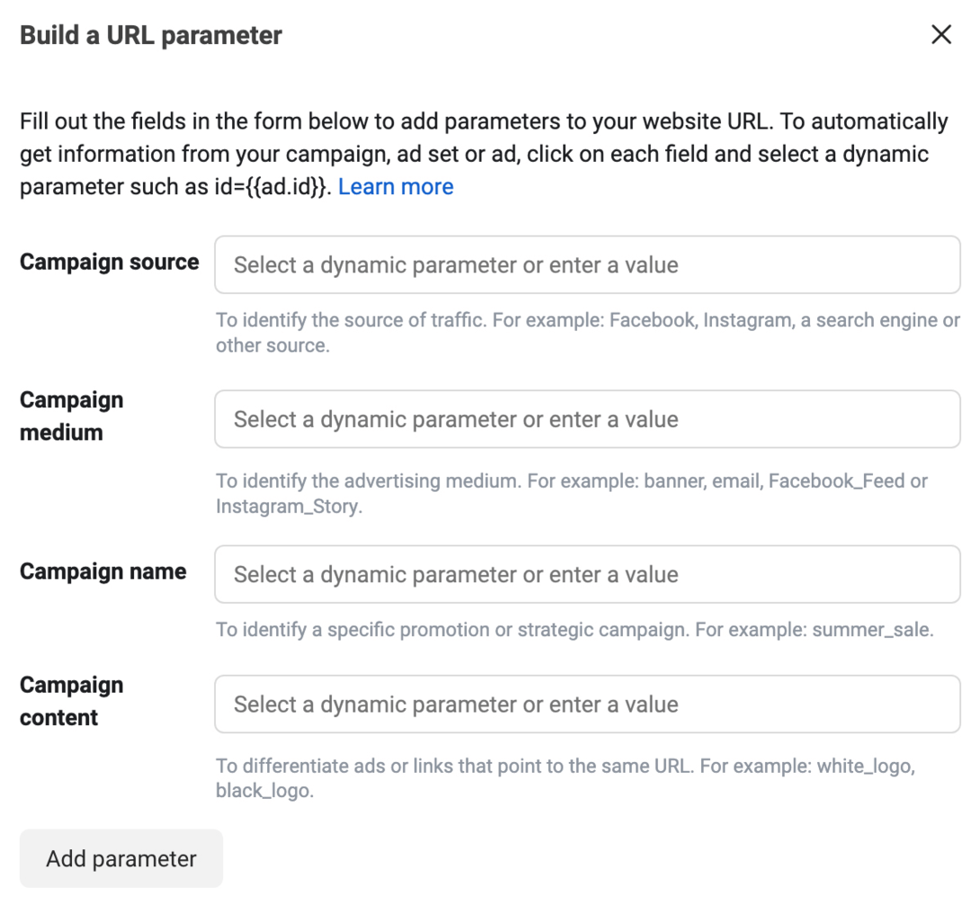 изображение поля «Создать параметр URL» в Ads Manager