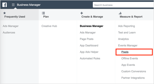 Чтобы найти код отслеживания пикселей Facebook в Business Manager, откройте меню в левом верхнем углу и выберите параметр «Пиксели» в столбце «Управление и отчет».