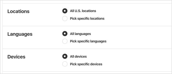 Выберите географические местоположения, языки, устройства и пол, на которые вы хотите настроить таргетинг объявлений Pinterest.