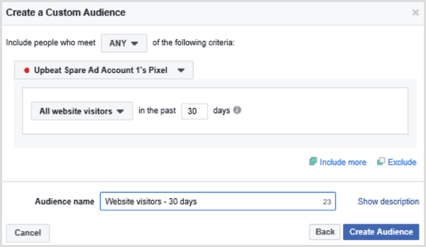 Выберите параметры, чтобы настроить пользовательскую аудиторию Facebook для всех посетителей веб-сайта за последние 30 дней.