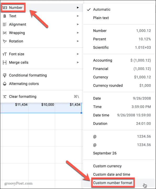 Выбор пользовательского типа номера в Google Sheets