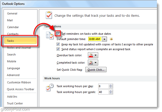 Как настроить напоминания задач по умолчанию для Outlook 2010