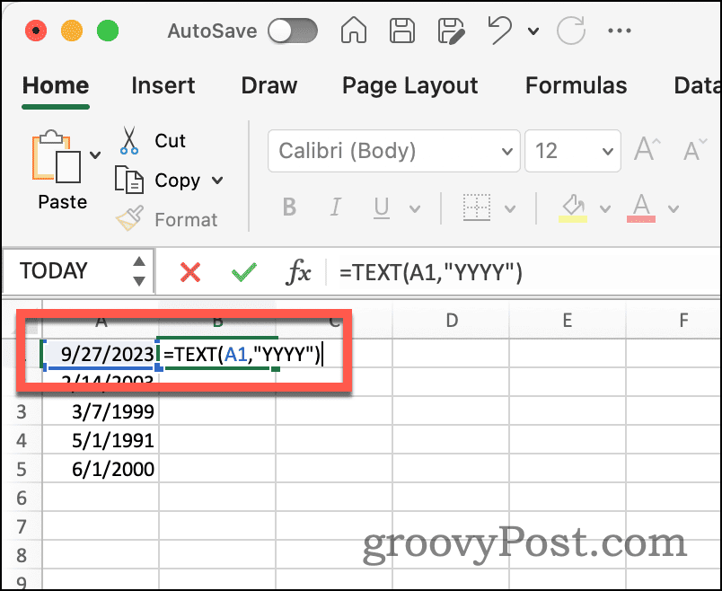 Текстовая функция Excel для извлечения года из даты
