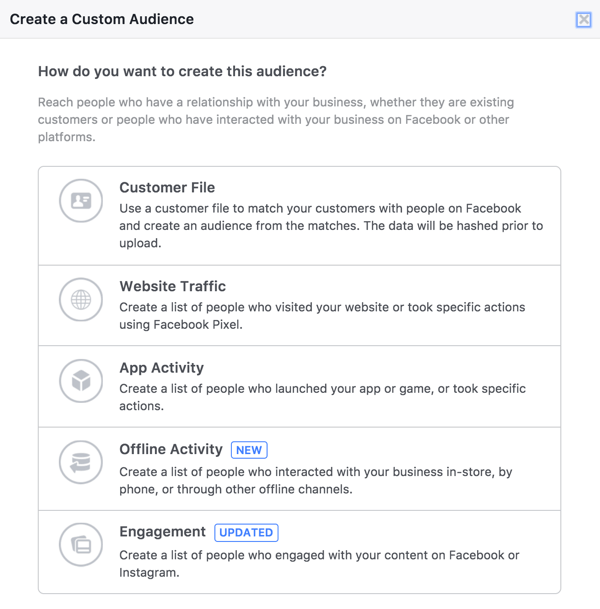 В инструменте Аудитории Facebook выберите Вовлеченность, чтобы создать аудиторию из людей, которые смотрели ваши прямые трансляции.