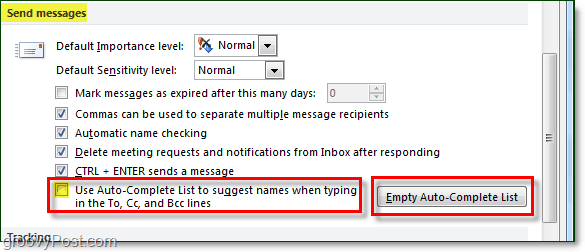 отключить автозаполнение в Outlook 2010 и очистить кэш автозаполнения