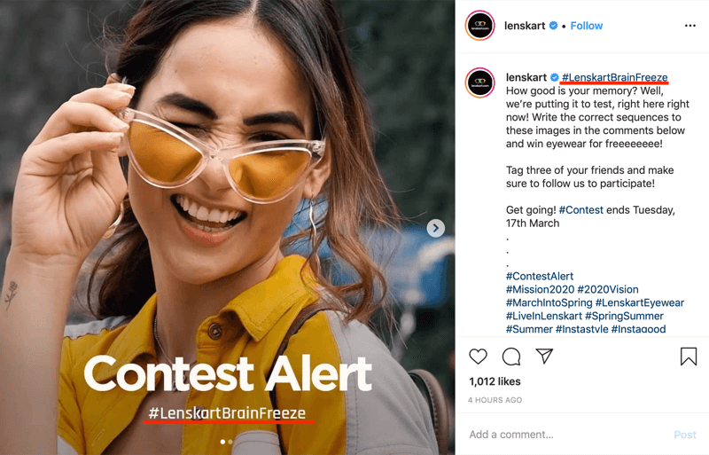 пример поста конкурса в Instagram с фирменным хэштегом в изображении и подписи