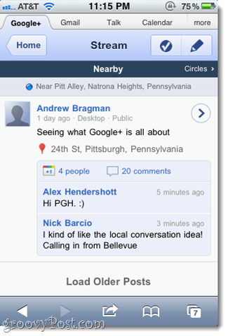 Снимок экрана веб-приложения Google+ для iPhone