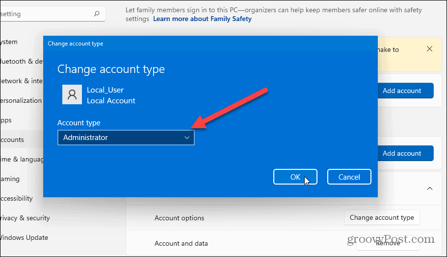 изменить тип учетной записи Windows 11