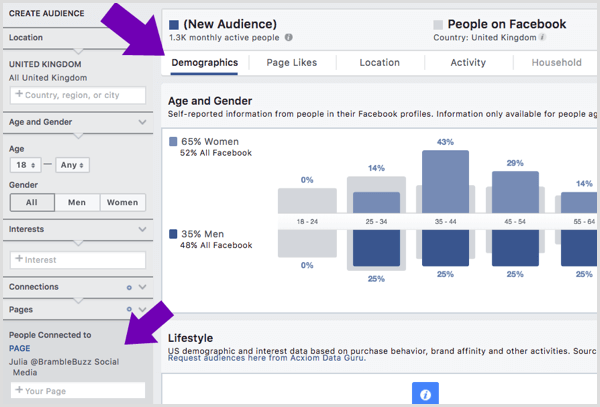 Просматривайте демографические данные для аудитории, которой нравится конкретная страница Facebook.