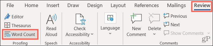 Вкладка «Обзор», «Количество слов в Word» в Windows