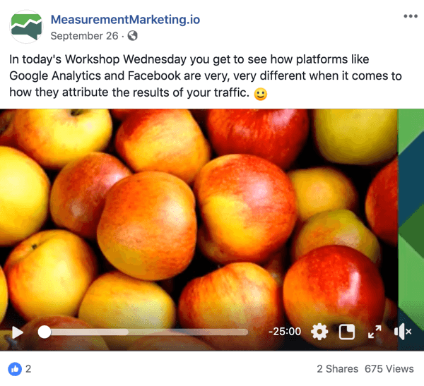 Это скриншот сообщения Facebook со страницы MeasurementMarking.io. В сообщении также показано видео, которое продвигает лид-магнит Криса Мерсера на семинаре по средам. Пользователи, которые смотрят или нажимают на видео, возможно, достигли цели повышения осведомленности.